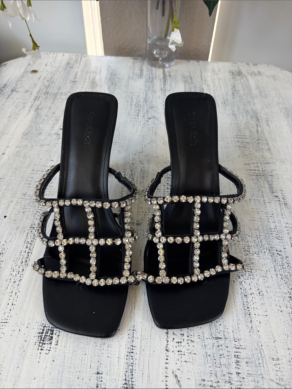 Crystal-Embellished Black Slide Mules